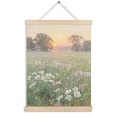 Spring Sunset Floral Field Wall Art Poster Framed, Cottagecore Nature Scene I…