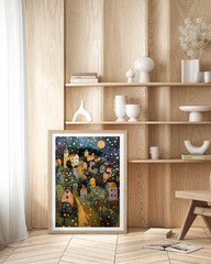 Natural OAK Wood Frame Wall Art,12x16in Gustav Klimt Style Moon Stars Tree Ca…