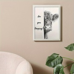 1pc Wooden Frame Funny Highland Cow «Are You Pooping?» Canvas Wall Art