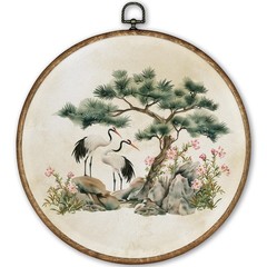 Vintage Crane Bird Round Wall Art Decor Framed 10×10, Aesthetic Japanese Cran…