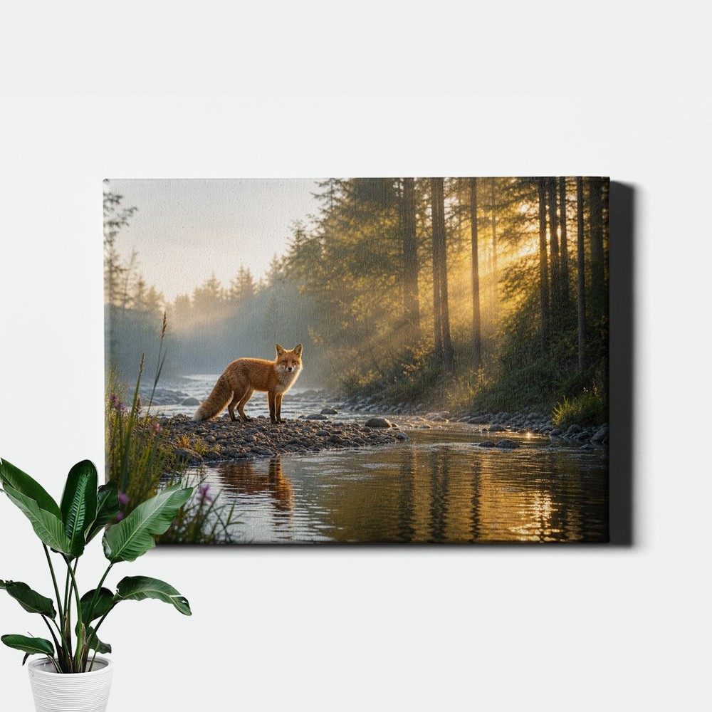Misty Forest Red Fox at Sunrise Canvas Art Wildlife Landscape
