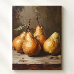 Wall Art Golden Pear Still Life Canvasclassical Oil Painting On Rustic Table