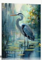 Canvas Wall Art HERON IN LILY POND 12 x 16 Unframed 885