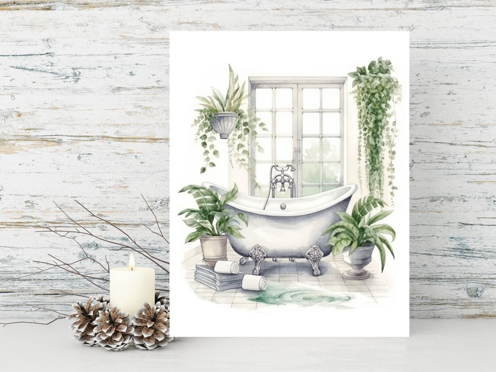 11×14 Blue and White Bathroom Canvas Print Wall Art