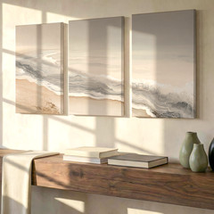 3 Pieces Abstract Coastal Waves Beige Large Wall Art Set for Living Set Of 3