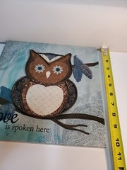 Owl Canvas Artwork picture Love is spoken here Aqua Brown Hanging 10×10 Inch