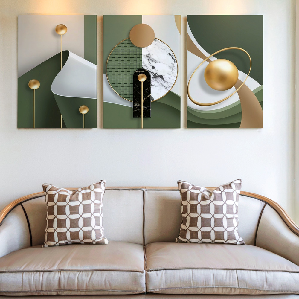 3 Pieces Modern Abstract Geometric Gold Green Large Wall Art Canvas Set Of 3