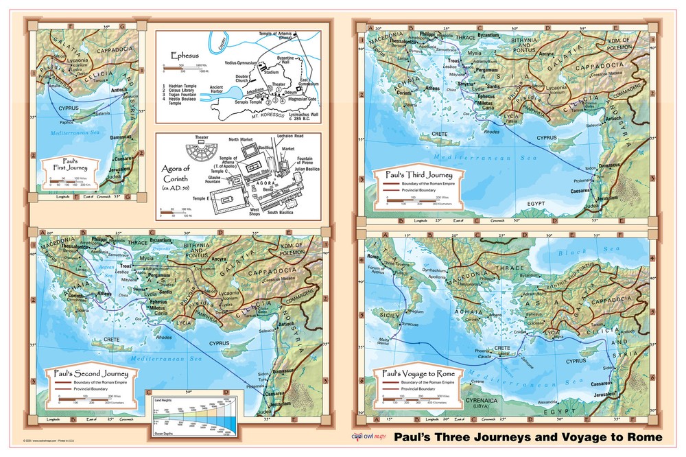 CoolOwlMaps Paul Journeys Rome Voyage Bible Study Wall Map Poster 36×24 Laminate