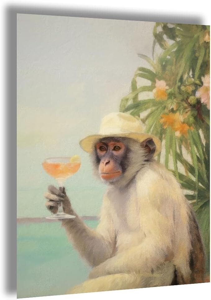 Funky Monkey Cocktail Canvas Wall Art, Retro Bar Cart Room Aesthetic 12″ x 16″