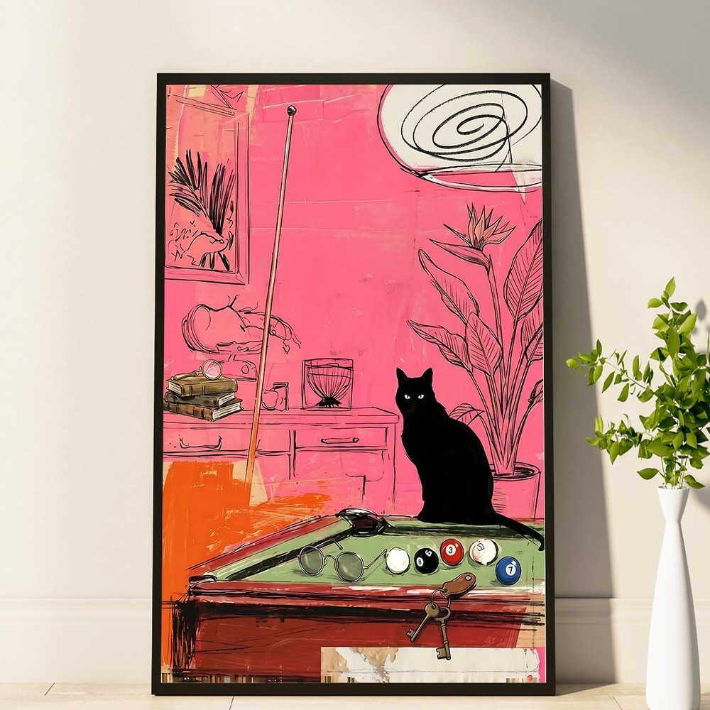 Retro Pink Cat Billiards Wall Art Poster, Black Cat Poster, Home Decor