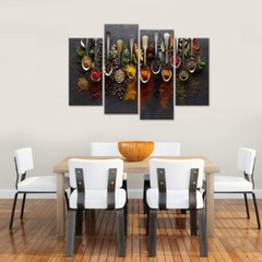 Colorful Spices & Herbs In Spoons Kitchen Cooking 4 Piece Panel Canvas Wall Art