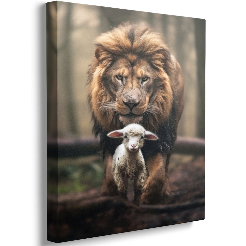 Framed Lion and Lamb Canvas Print Wall Art Christian Jesus Christ King of Judah