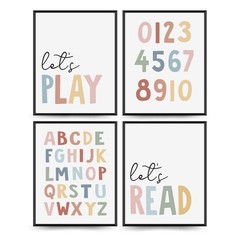 Let’s Play Read Wall Art Set of 4，Educational Posters, Montessori Classroom D…