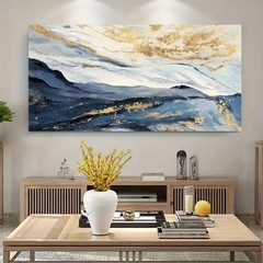 Golden Accents Blue Grey Textured Unframed Canvas Painting for Living