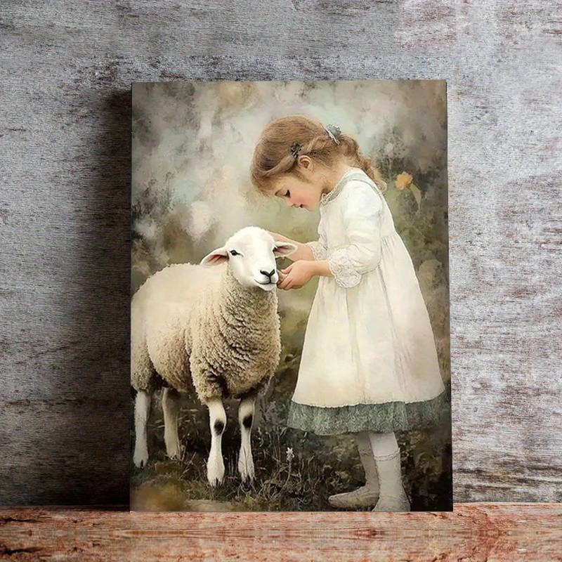 Vintage Little Girl Feeding Sheep Canvas Wall Art, Soft Neutral Farmhouse Decor