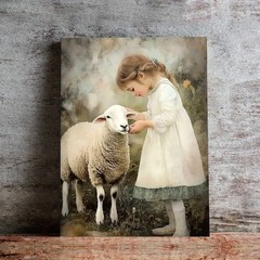 Vintage Little Girl Feeding Sheep Canvas Wall Art, Soft Neutral Farmhouse Decor
