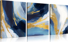 Abstract Wall Art for Living Room, Blue White and Gold Canvas Wall-Decor for Bed