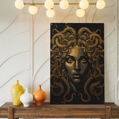 Golden Medusa Canvasluxurious Mythical Wall Art On Black Marble