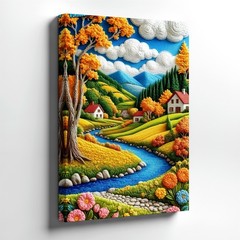 Wall Art Embroidered Landscape River Cottage Mountain Autumn Floral Home Decor