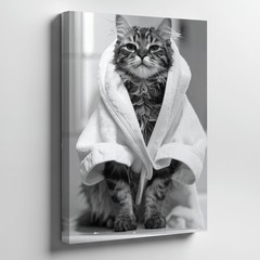 Wall Art Canvas a Cat Wrapped in a Fluffy White Towel Sitting Contentedly on a