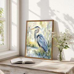 Framed Blue Heron Wall Art, Watercolor Sea Bird Pictures Wall Decor, 16X24 Inch