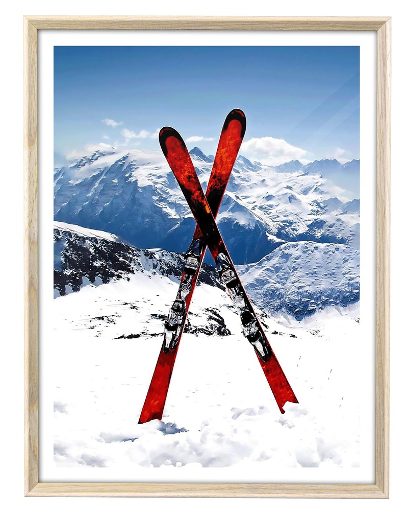 Natural Beige Dimensional Oak Wood Framed Ski Wall Art, 12x16in Modern Colora…