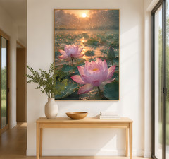 Pink Lotus Flowers at Sunrise Canvas Wall Art – Serene Nature Decor, Custom
