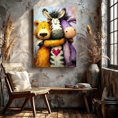 Wall Art Cute Animal Friends Painting Zebra Bear Donkey Hugging Canvas Print