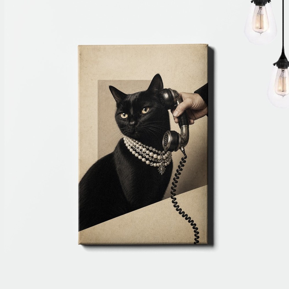 Black Cat Wall Art with Telephone Portrait