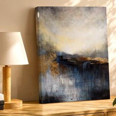 Wall Art Abstract Landscape Painting Blue Gold Gray Textured Modern Home Decor