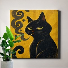Black Cat Canvas Art Mustard Yellow Vintage Style