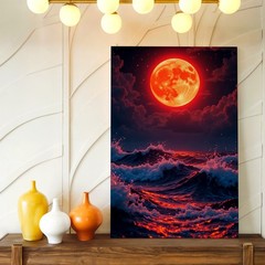 Wall Art Red Full Moon Ocean Waves Night Sky Seascape Canvas Print Modern Decor