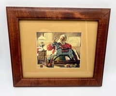 Vintage Christmas🎄SANTA MAKING TOYS FRAMED ART Rocking Horse GUC Cute Holiday