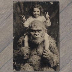 Art Print Smiling Child Riding Bigfoot Double Peace Signs Oddity