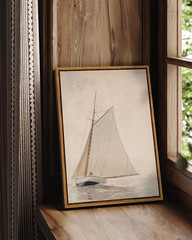 Framed Canvas Wall Art, Classical Coastal Wall Decor White Sailboat Seascape Art