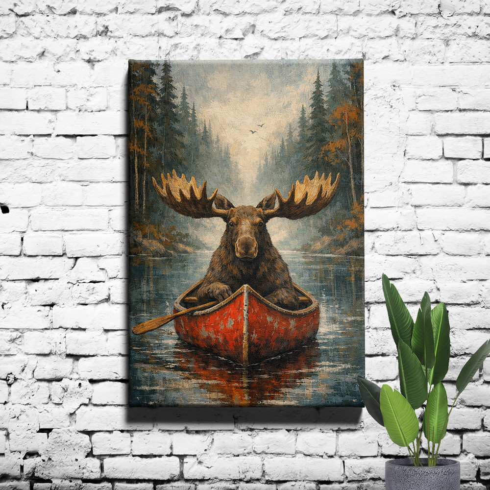 Moose in Red Canoe Canvas Wall Art Framed Rustic Lodge Cabin Decor