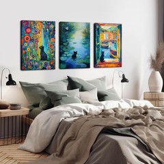 MUWAK Framed Funny Monet Black Cat Canvas Wall Art – Whimsical Matisse Cat