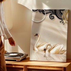 Floral Canvas White Swan Pair Beige Abstract Floral Farmhouse Office Home Print