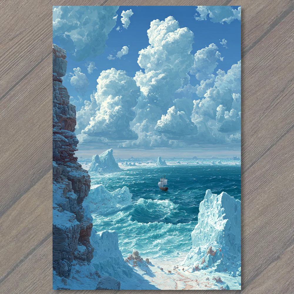 Art Print Fantasy Ship Over Water Ice Storm Cloud Sky Swirling Ocean