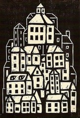 17679.Wall Decor Poster.Interior Art.Cityscape Woodcut Style Houses B&W