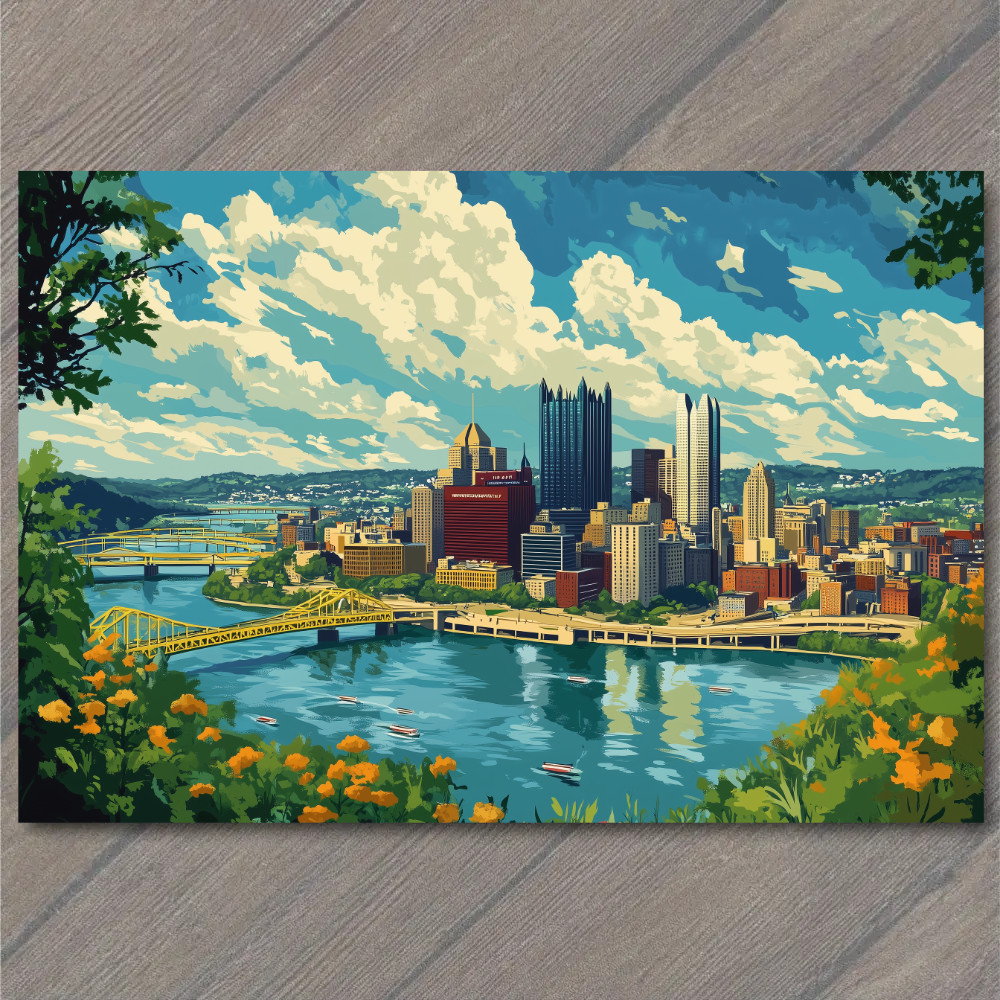 Art Print Scenic Pittsburgh Bridges and Skyline in Lively Artistic City Rivers