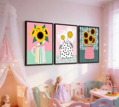 Colorful Sunflower Daisy Wall Art Prints Set of 3, Pink and Green Floral Vase…
