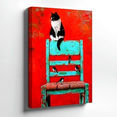 Wall Art Black White Cat on Rustic Turquoise Chair Red Abstract Painting Decor
