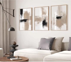 Beige Abstract Wall Art Painting Set of 3 Neutral Canvas Wall Art Prints Black B