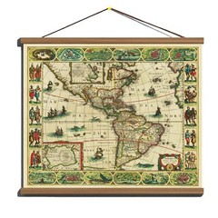 Ancient Antique Old 1625 Map: America, 100% Cotton Canvas Magnetic Wooden Hanger