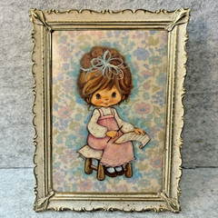Vintage Big Eyed Girl Writing on Scroll Print Distressed Ornate Gold/White Frame