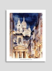 Set of 2 Paris Sacre Coeur Cathedral Montmartre Watercolor Wall Art Print 12X16″