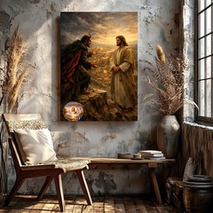 Wall Art Religious Painting Jesus and Devil Mountain Cliff Scene Canvas Print