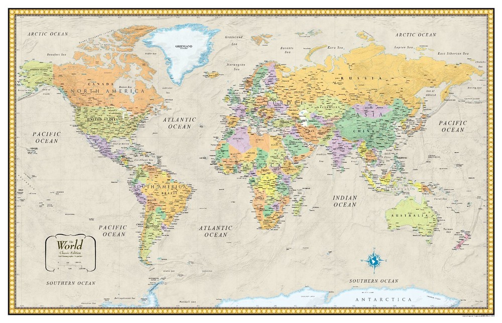 RMC 32″ x 50″ World Wall Map Mural Poster Classic Edition Earth Tone Wall Decor