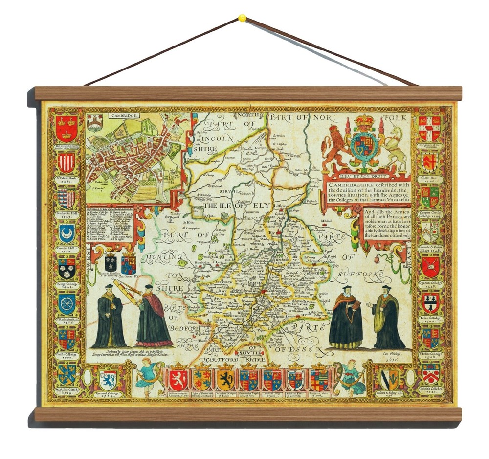 Ancient Old 1610 Antique Rare Map Of Cambridge; 100% Cotton Canvas Wooden Hanger